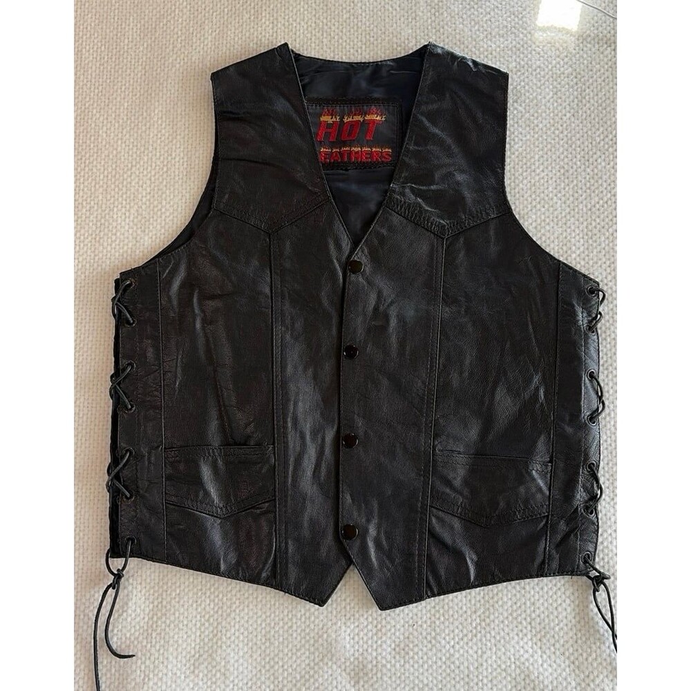 Hot Leathers Black Leather Biker Vest - Adjustable Side Laces